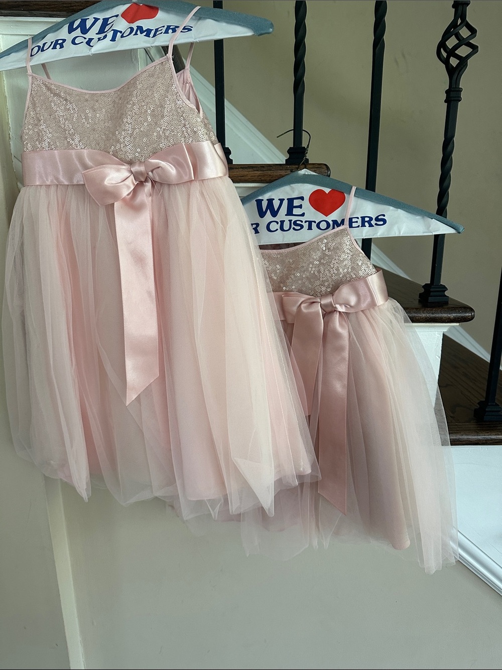 David's Bridal Blush Pink Sequin Bodice Tulle Dress with Satin Bow - Kids